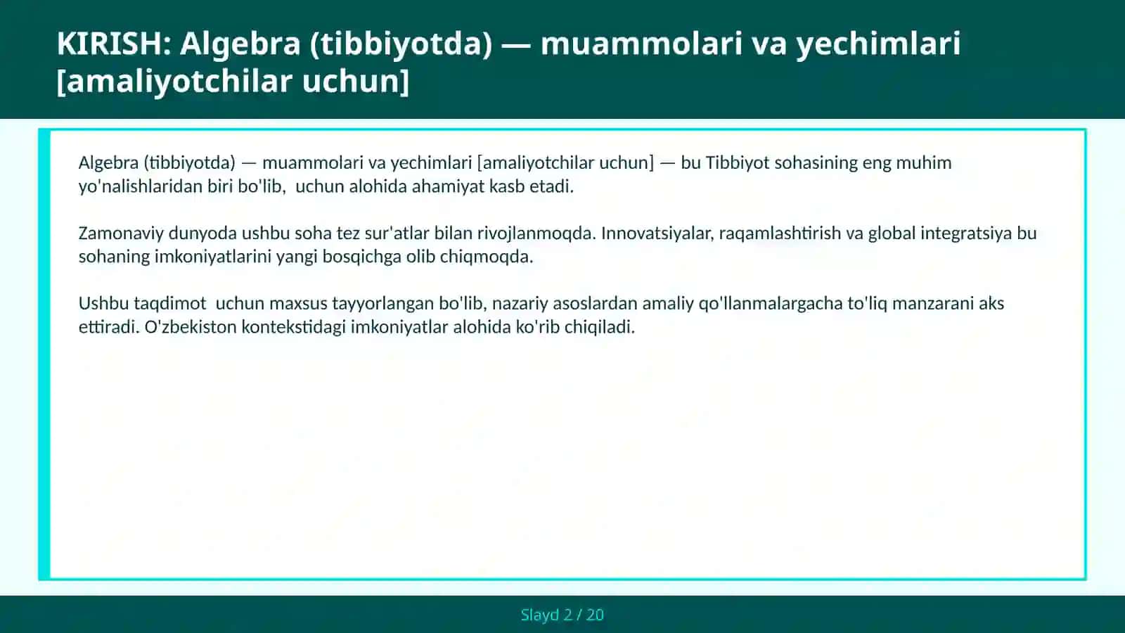 Algebra (Tibbiyotda) - Muammolari va Yechimlari [Amaliyotchilar Uchun] 2