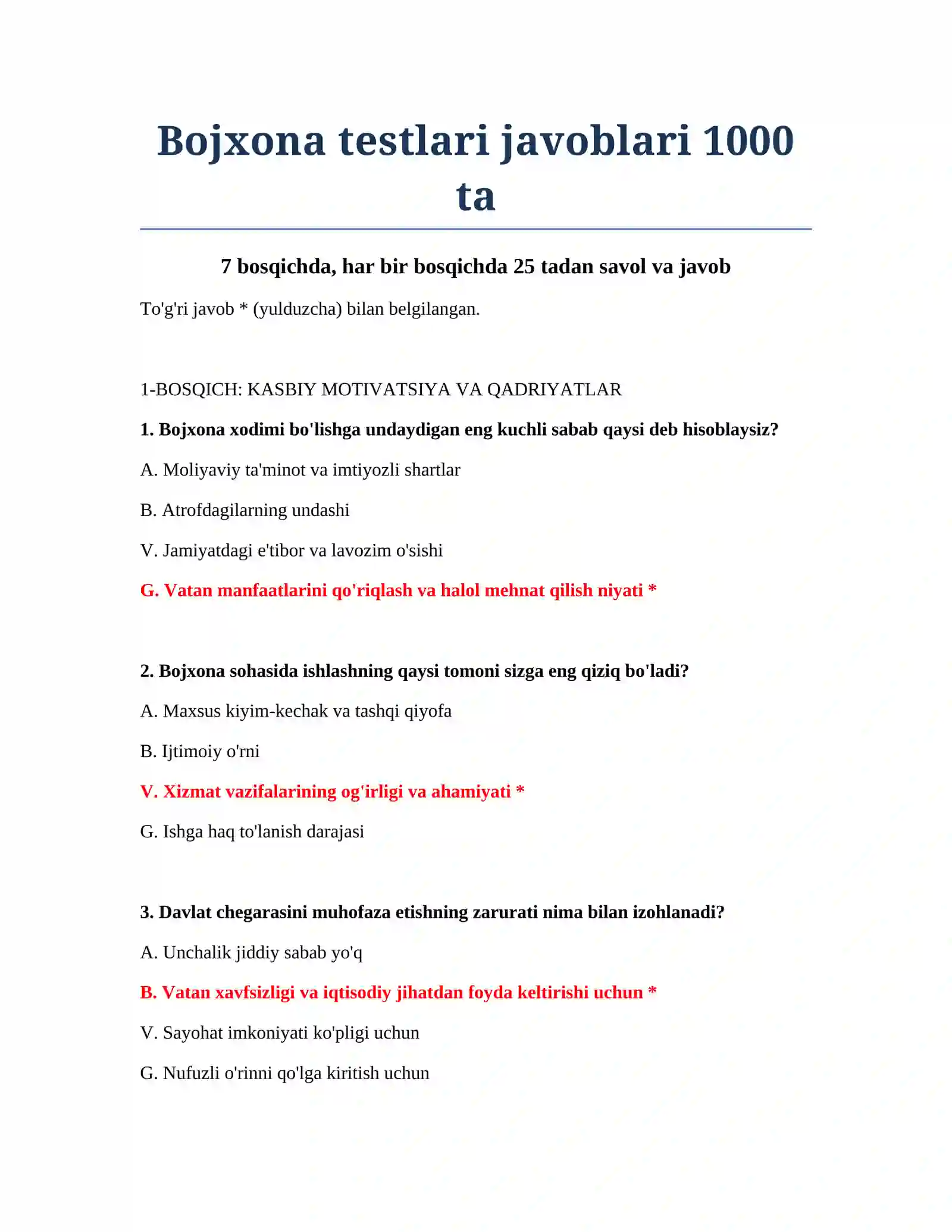 Bojxona testlari javoblari 1000 ta 2