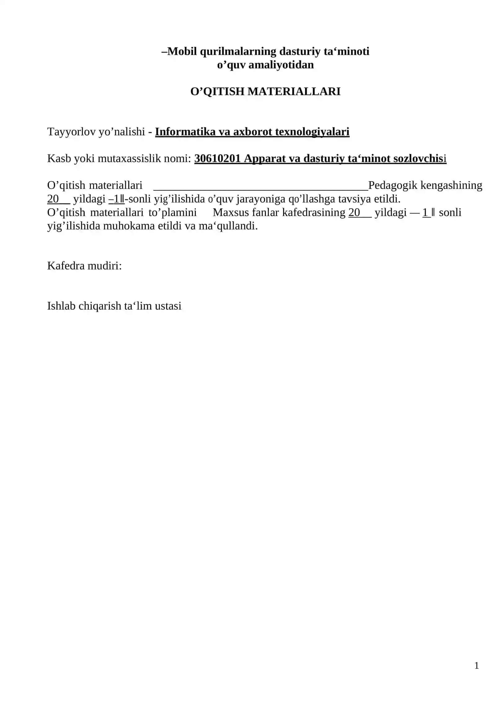 Mobil qurilmalarning dasturiy ta‘minoti о’quv amaliyotidan О’QITISH MATERIALLARI 2
