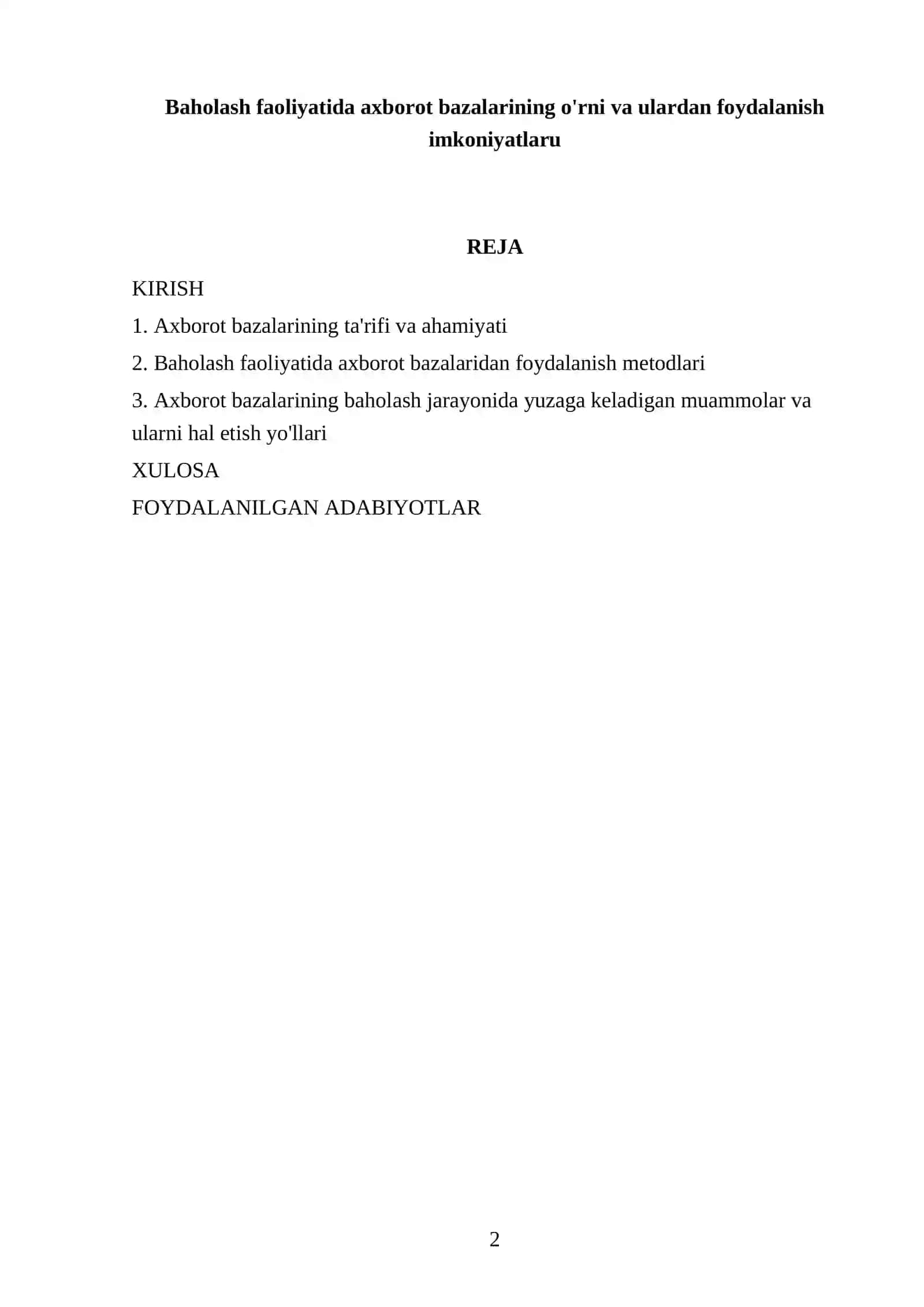 Baholash faoliyatida axborot bazalarining o'rni va ulardan foydalanish imkoniyatlaru 2