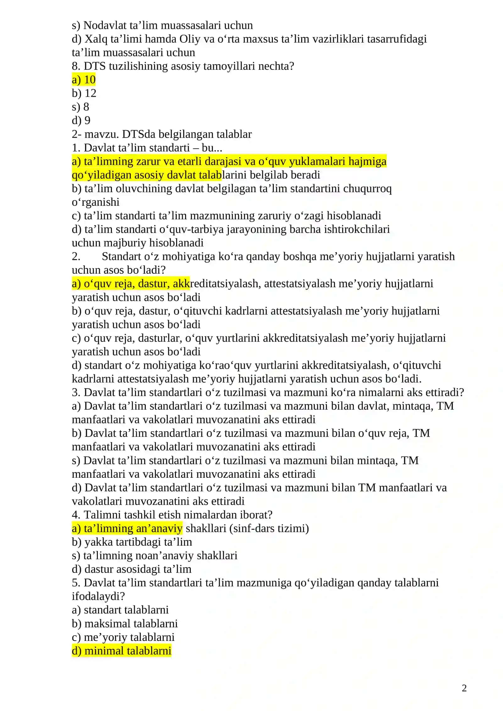 DMTT va Maktab direktorlari uchun menejerlik test lari javoblari 1-TEST KITOBCHA 2