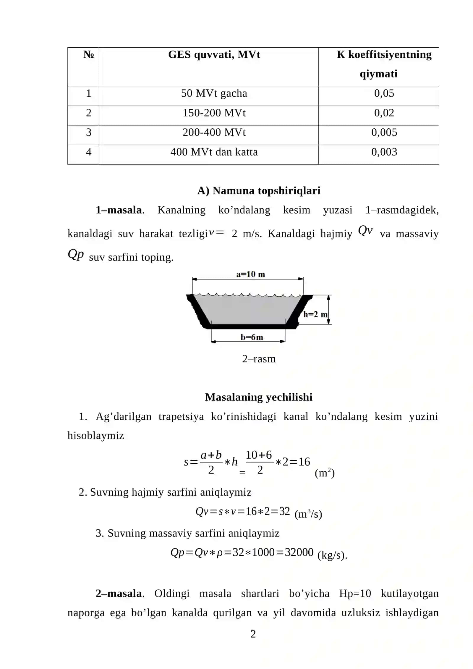 GES ning aktiv quvvatini hisoblash 2