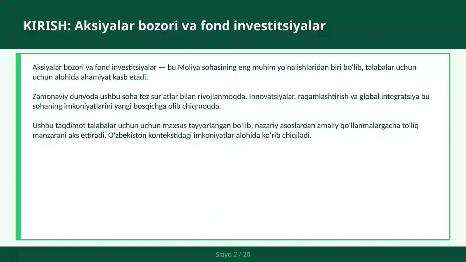 Aksiya, obligatsiya va portfel — talabalar uchun 2030 kelajak yili 2