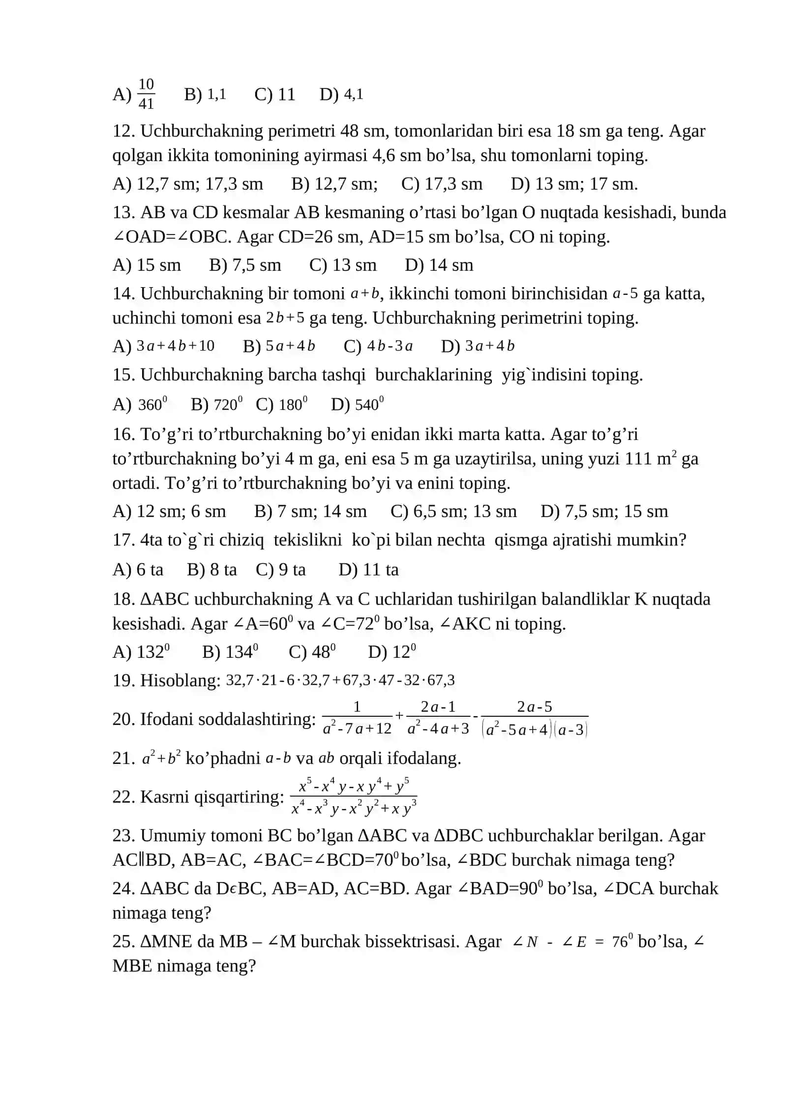 7-sinf. Testlar 2