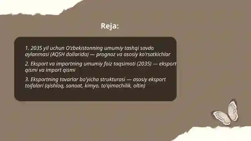 Ōzbekistonning 2035 yildagi tashqi savdo aylanmasi haqida taqdimot 2