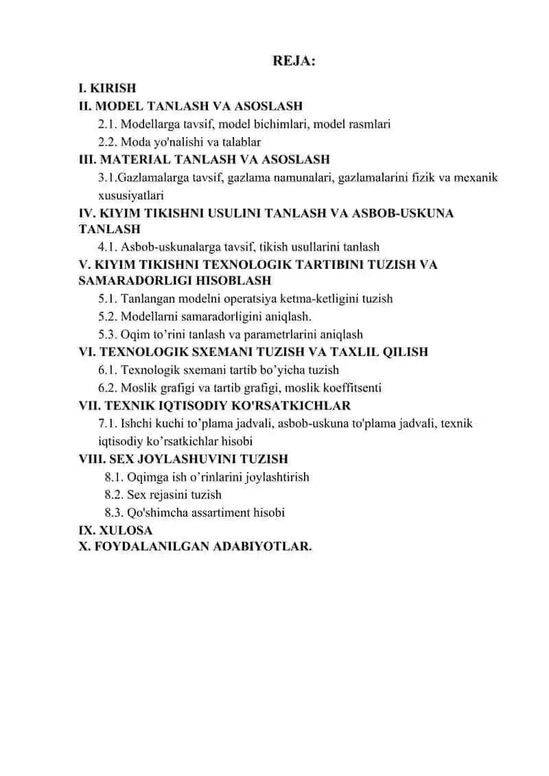 ERKAKLAR SAROCHKASIDA YO’L-YO’L MATODAN TIKISH TEXNOLOGIK JARAYONLARINI LOYIHALASH 2