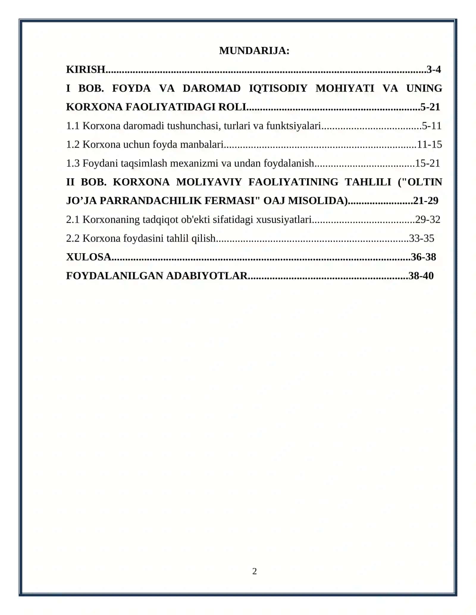 Kurs ishi: Korxona Foydasini Shakllantirish va Undan Samarali Foydalanish Yo'llari 2