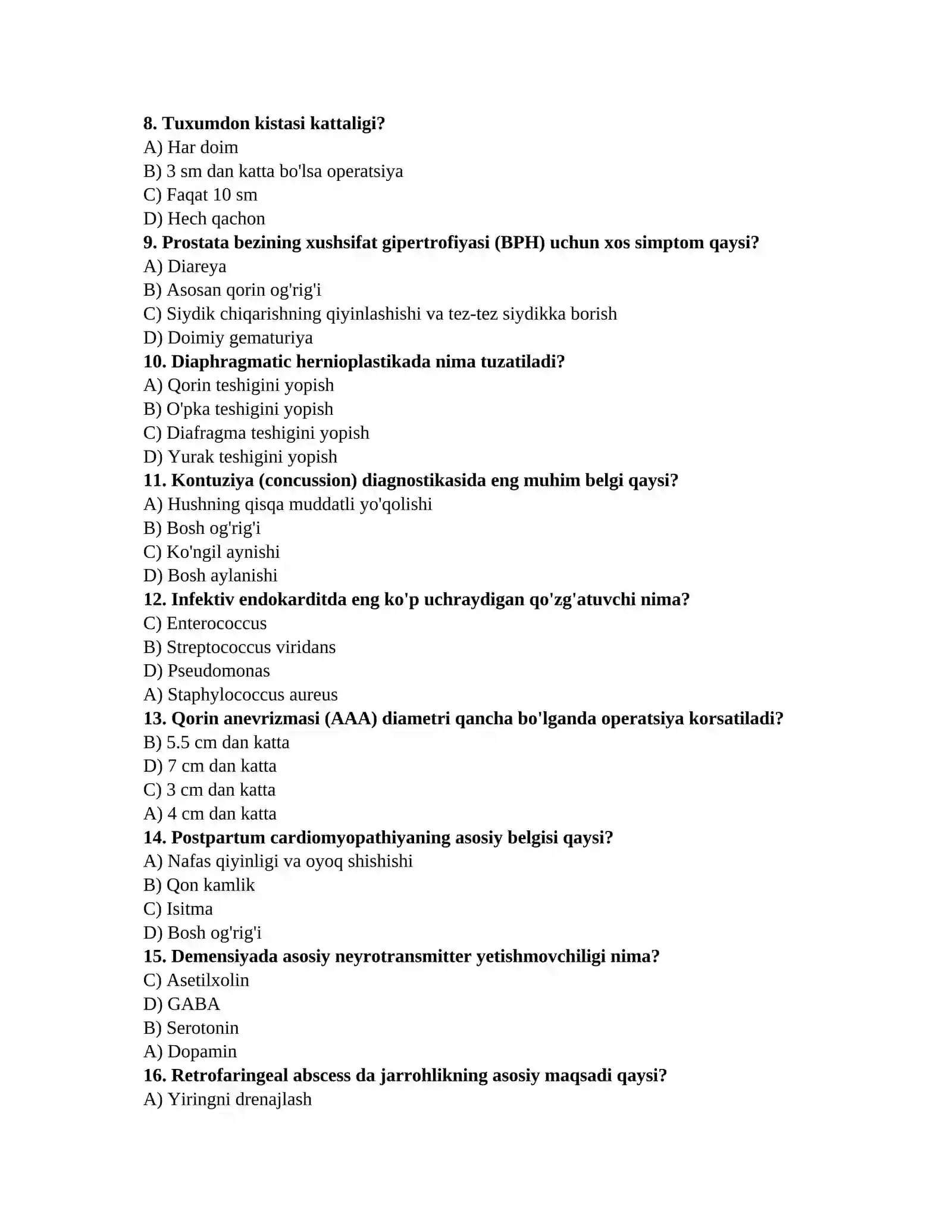 Tahlil bo'yicha testlar (Terapiya, Jarrohlik, Akusherlik-ginekologiya) 2