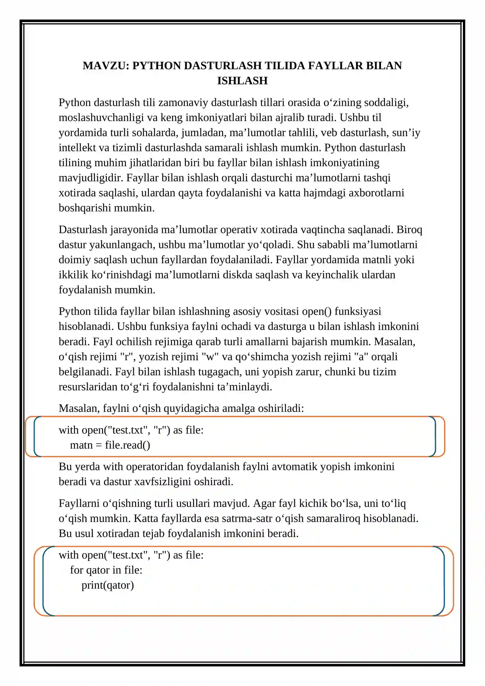 PYTHON DASTURLASH TILIDA FAYLLAR BILAN ISHLASH 2