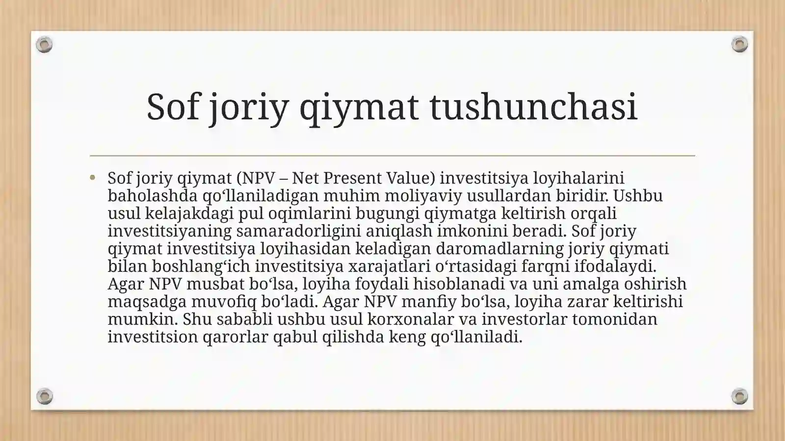 Sofjoriy qiymat usullari bo'yicha investitsion qarorlarni qabul qilish 2