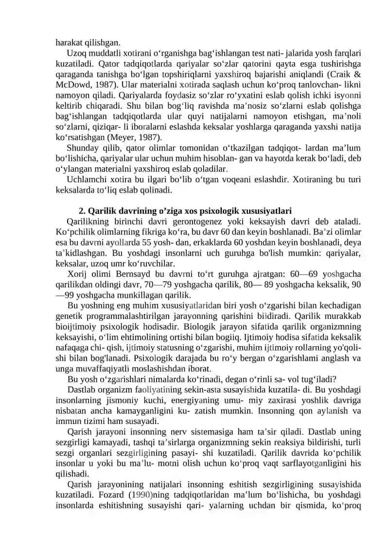 GERONTOPSIKOLOGIYA. DIFFERENSIAL PSIXOLOGIYA INDIVIDUAL FARQLAR HAQIDAGI FAN SIFATIDA. GENDER FARQLARI PSIXOLOGIYASI 2