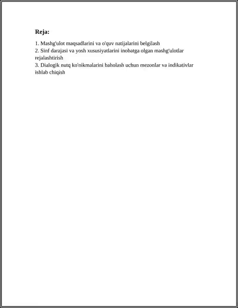 DIOLOGIK NUTQNI RIVOJLANTIRISH BO’YICHA MASHG’ULOTLARNI LOYIHALASHTIRISH 2