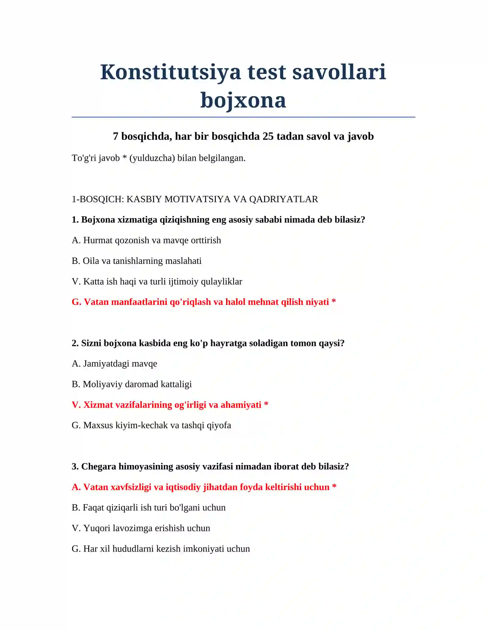 Bojxona Konstitutsiya Test Savollari 2