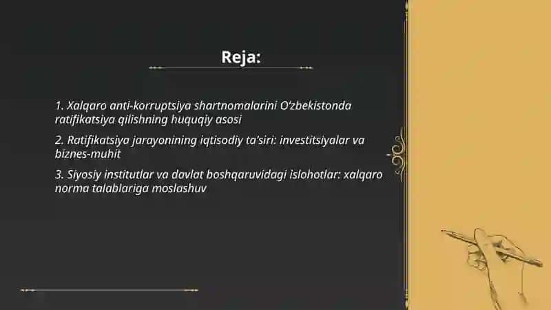 Korrupsiyaga qarshi kurash bo‘yicha xalqaro qonunlar va qarorlarning O‘zbekistonda ratifikatsiya qilishning ahamiyati, iqtisodiy-siyosiy va ijtimoiy- huquqiy mexanizmlari 2