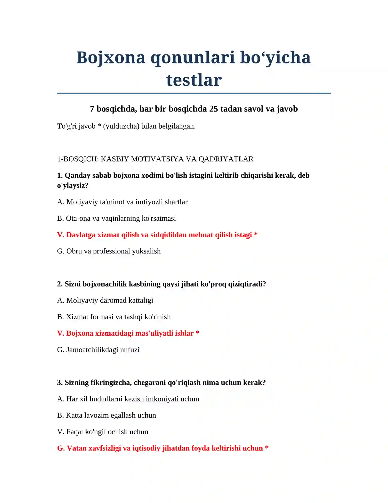 Bojxona qonunlari bo‘yicha testlar 2
