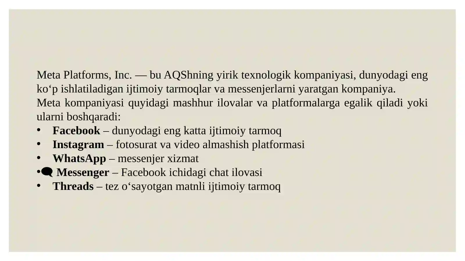 Meta platforms kompaniya haqida 2
