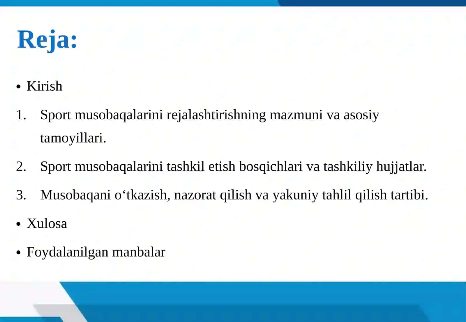 SPORT MUSOBAQALARINI REJALASHTIRISH VA TASHKIL ETISH BOSQICHLARI 2