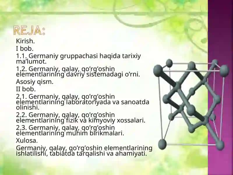 Germaniy, qalay, qo’rg’oshin elementlarining muhim birikmalari 2