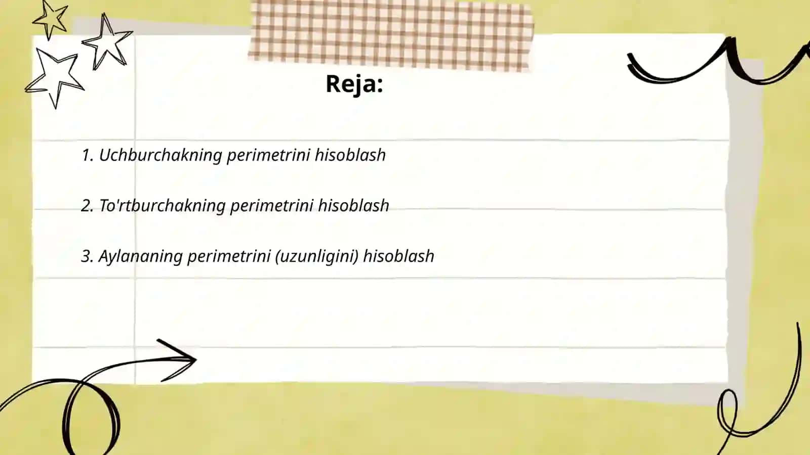 Ko'pburchaklar perimetri,xamda yuzasini hisoblash,perimetr va yuza o'lchov birliklari va ular orasidagi bog'lanishga doir masalalar yechish 2