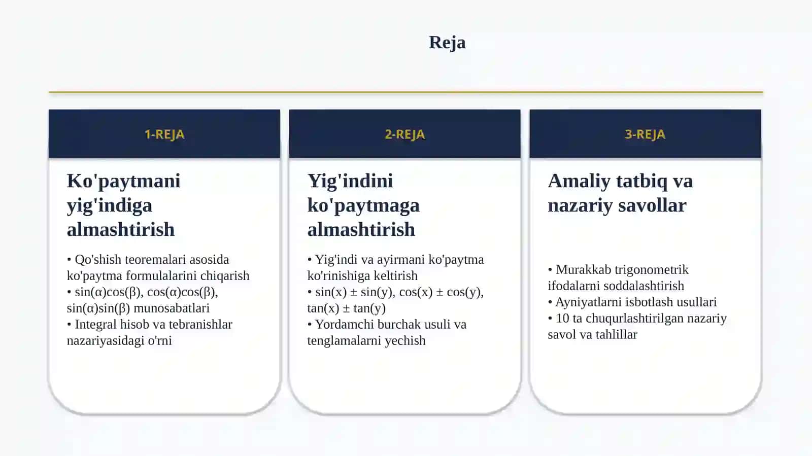 Trigonometrik funksiyalarning ko'paytmasini yig'indiga va aksincha almashtirish formulalari 2