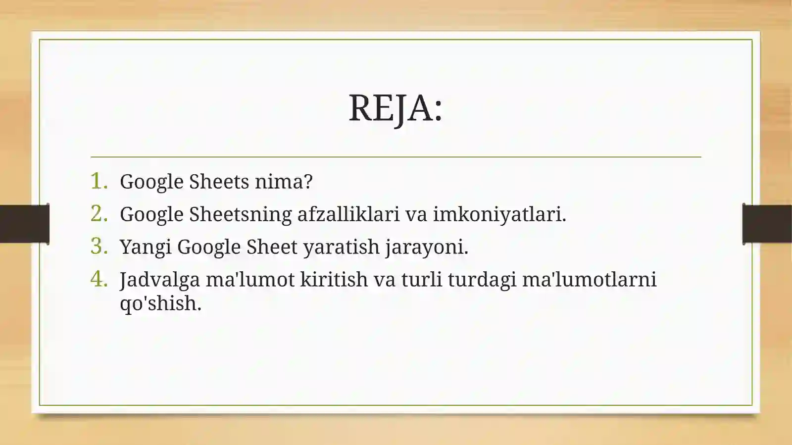GOOGLE SHEETSDA JADVALLAR YARATISH 2