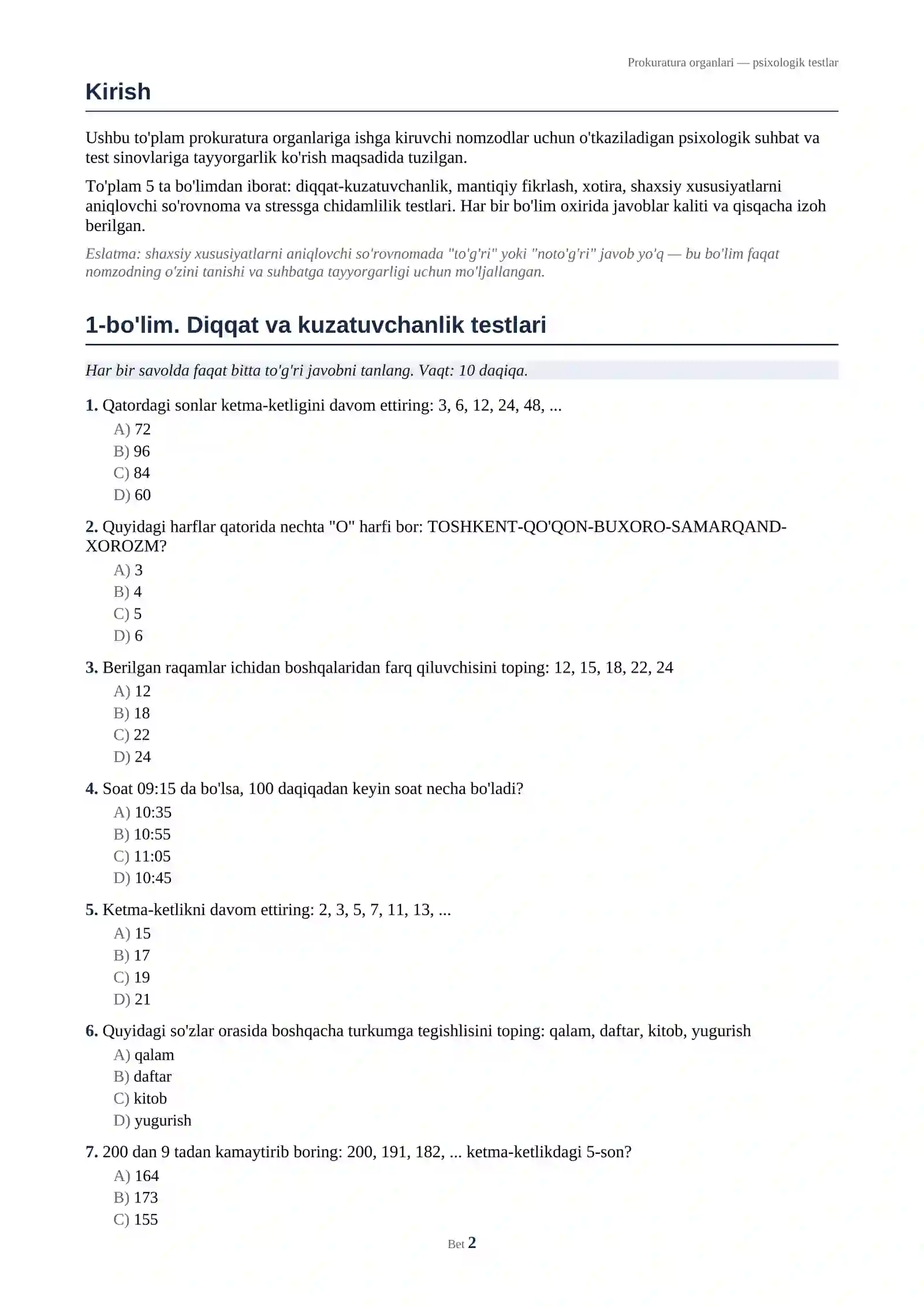 Prokuratura organlariga kiruvchilar uchun psixologik testlar to'plami (javoblari bilan) 2