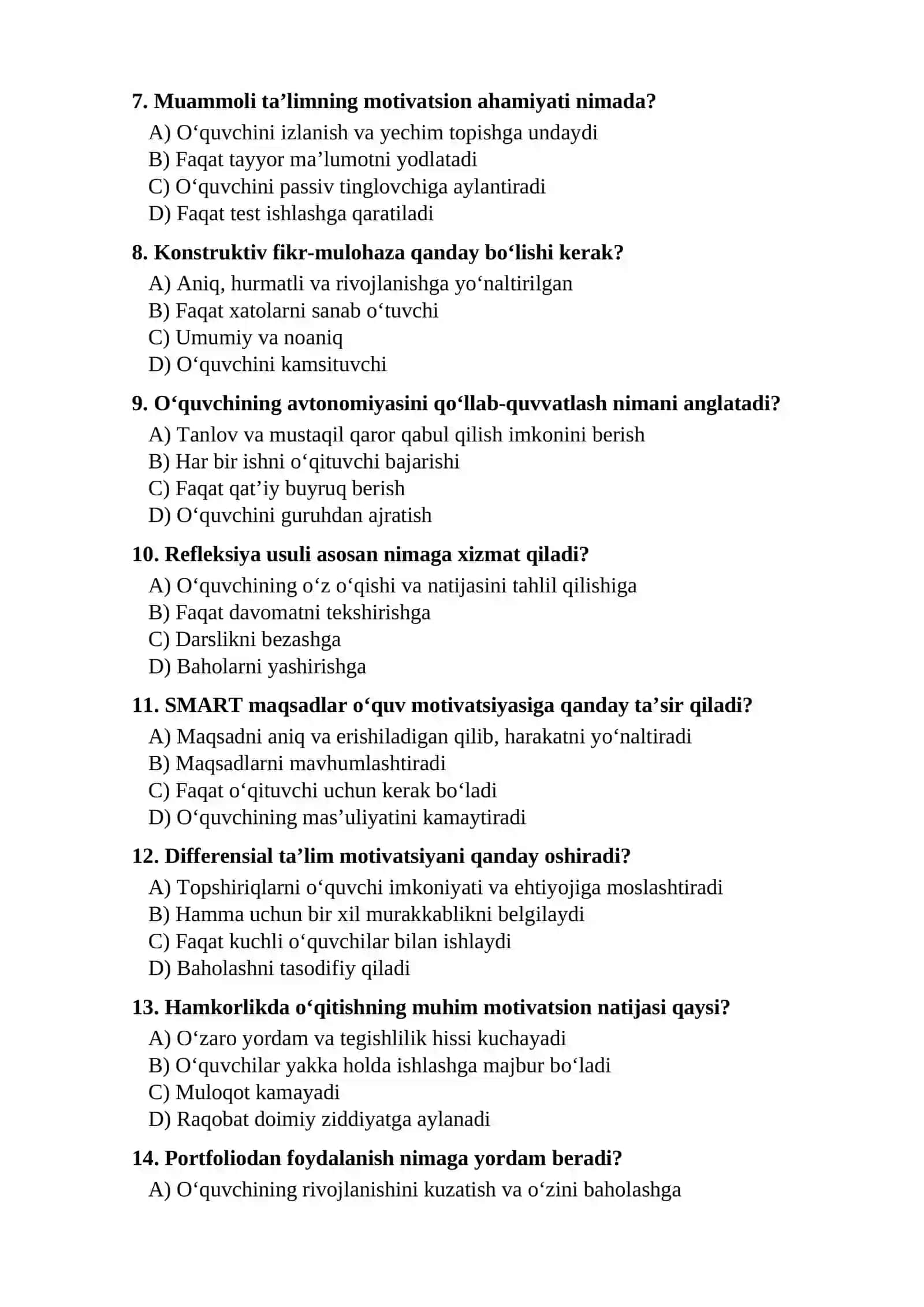 Pedagogik jarayonda motivatsiyani shakllantirishning zamonaviy usullari TEST.do 2
