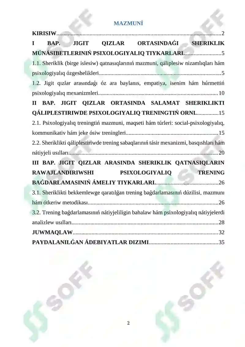 Jigit qızlar arasında sheriklik qatnasıqların qáliplestiriwde psixologiyalıq treningniń ornı 2
