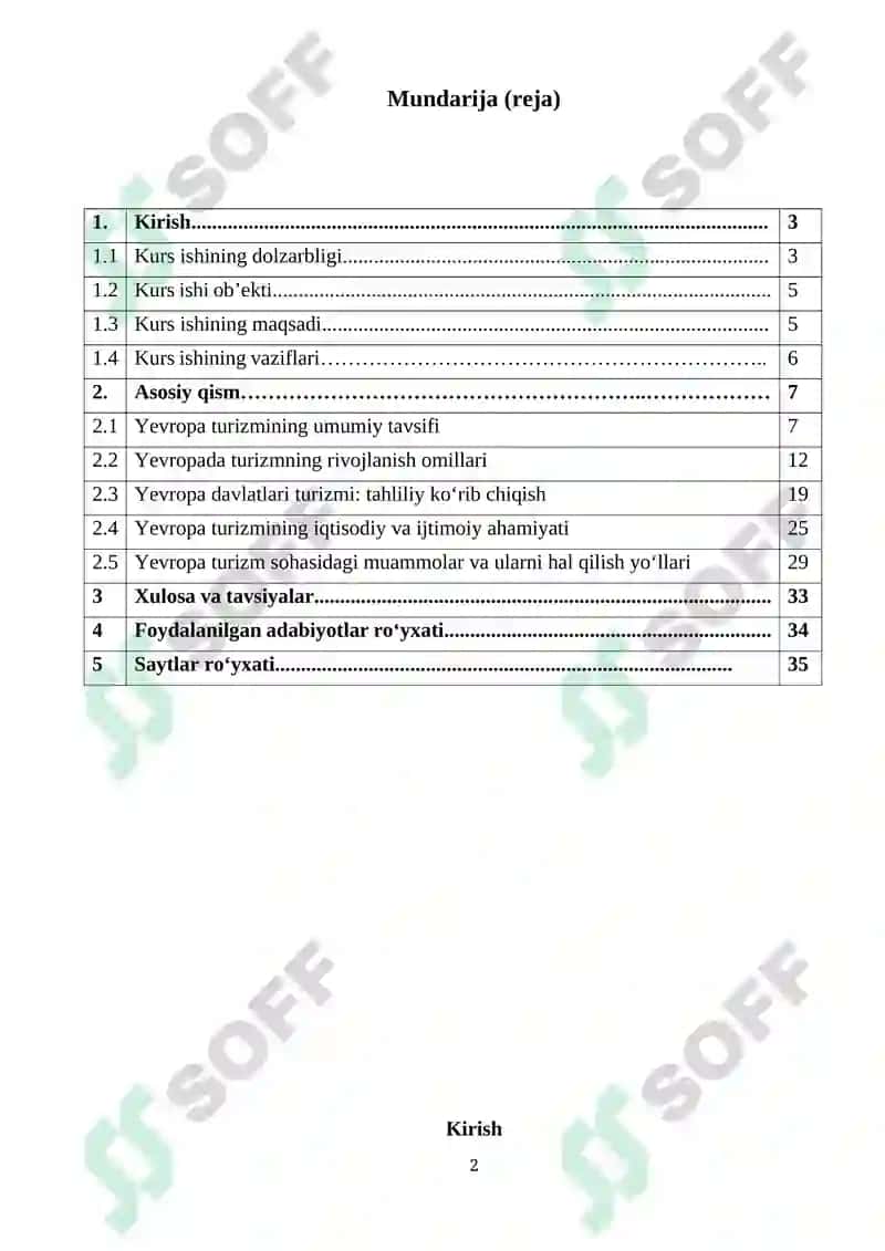 "YEVROPA TURIZMNING RIVOJLANISHI" mavzusida tayyorlangan KURS ISHI 2