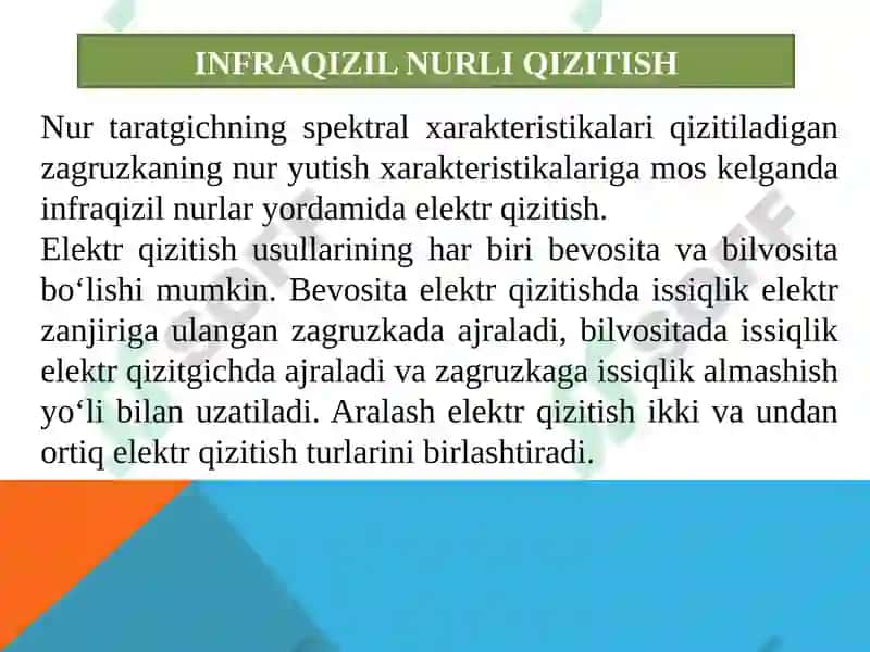 INFRAQIZIL NURLI VA ELEKTR YOYLI QIZITISH QO‘LLANISHSOHALARI 2