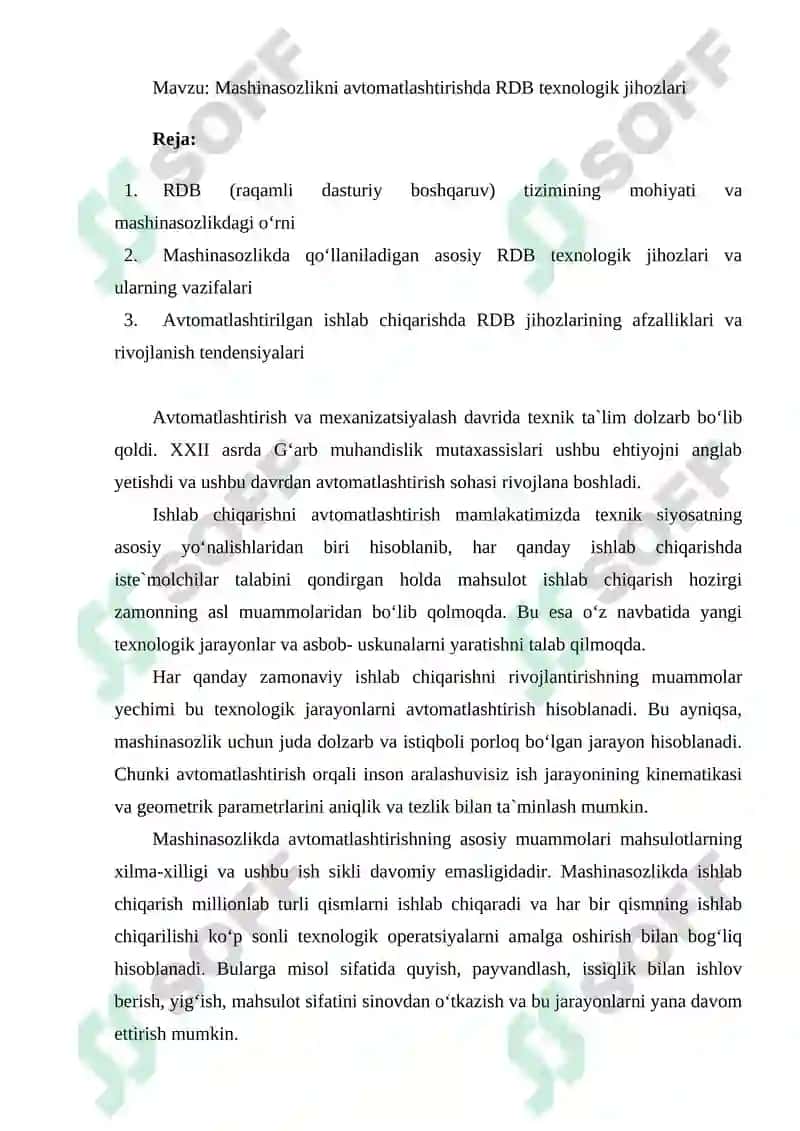 Mashinasozlikni avtomatlashtirishda RDB texnologik jihozlari 2