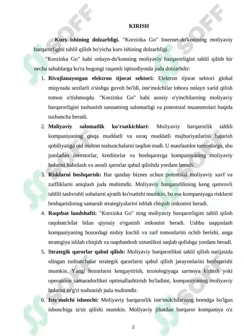 "Korzinka Go" Internet Do'konining Moliyaviy Barqarorlik Tahlili 2