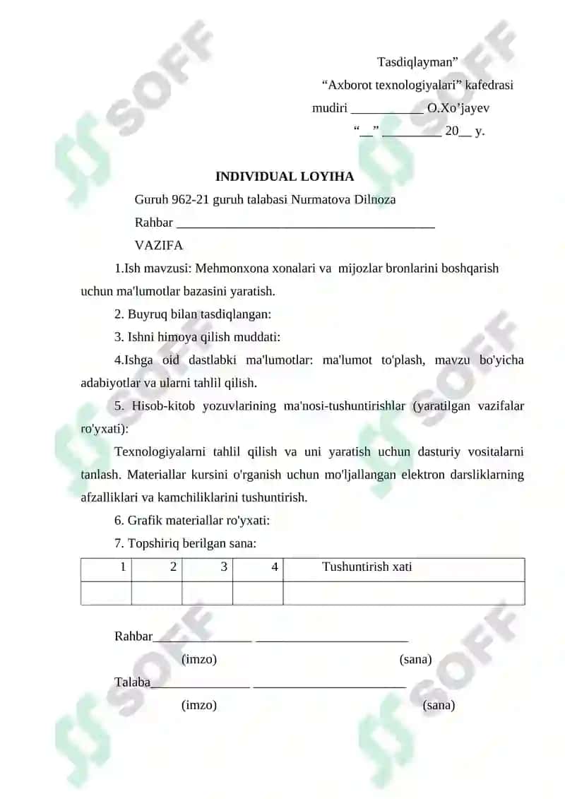 Mehmonxona xonalari va mijozlar bronlarini boshqarish uchun ma'lumotlar bazasini yaratish 2