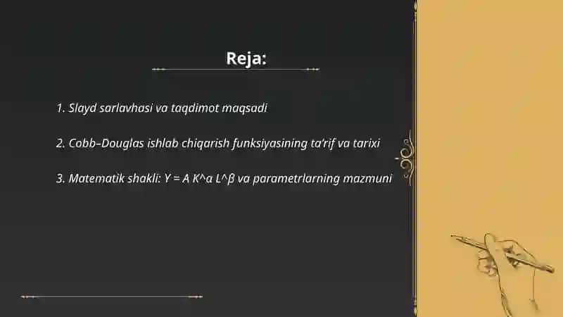 Ishlab chiqarish funksiyasi Kobb Douglass haqida maʼlumot va bitta masalani ishlanish yoʻli 2