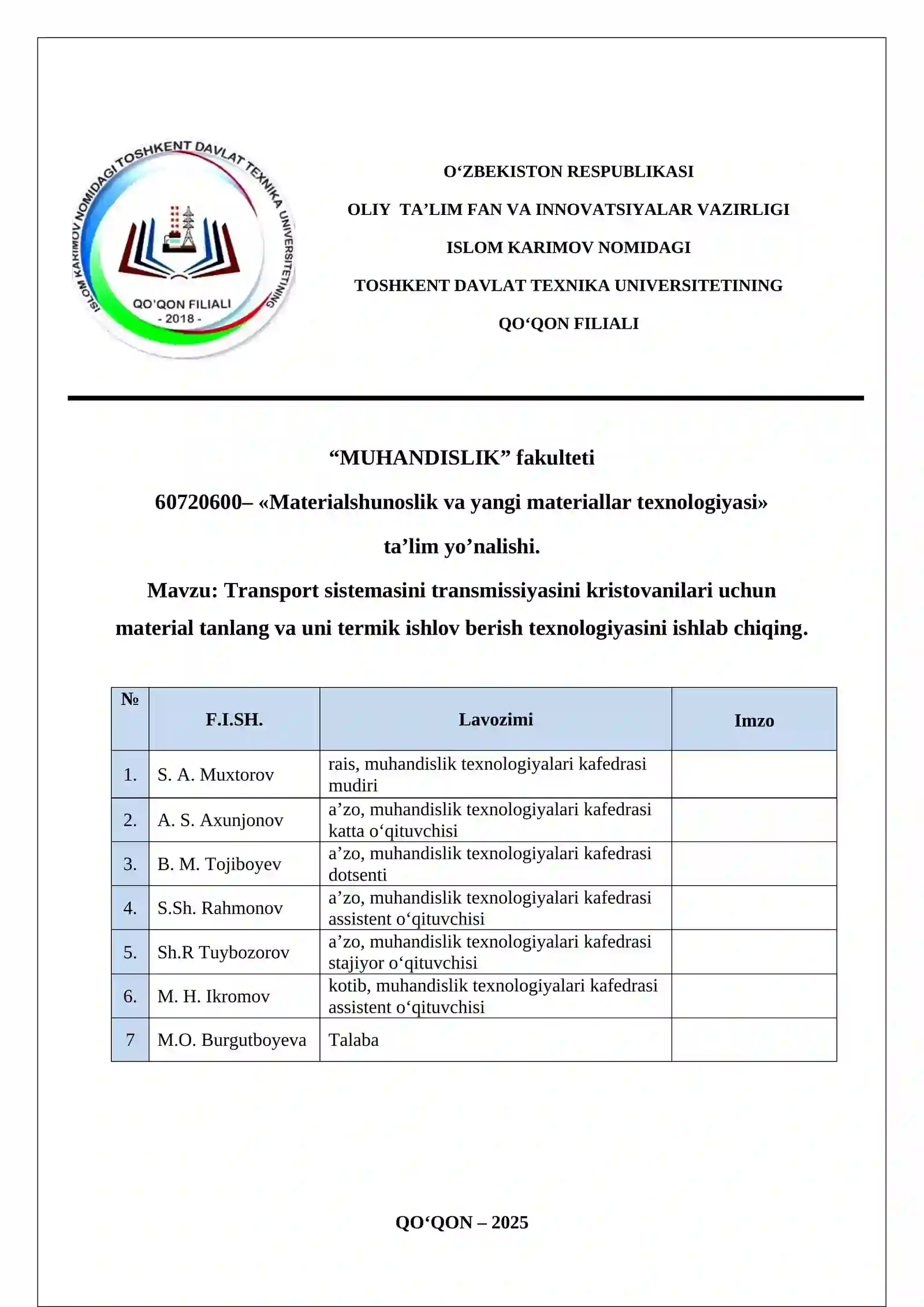 Transport sistemasini transmissiyasini kristovanilari uchun material tanlash va uni termik ishlov berish texnologiyasi kurs ishi 2