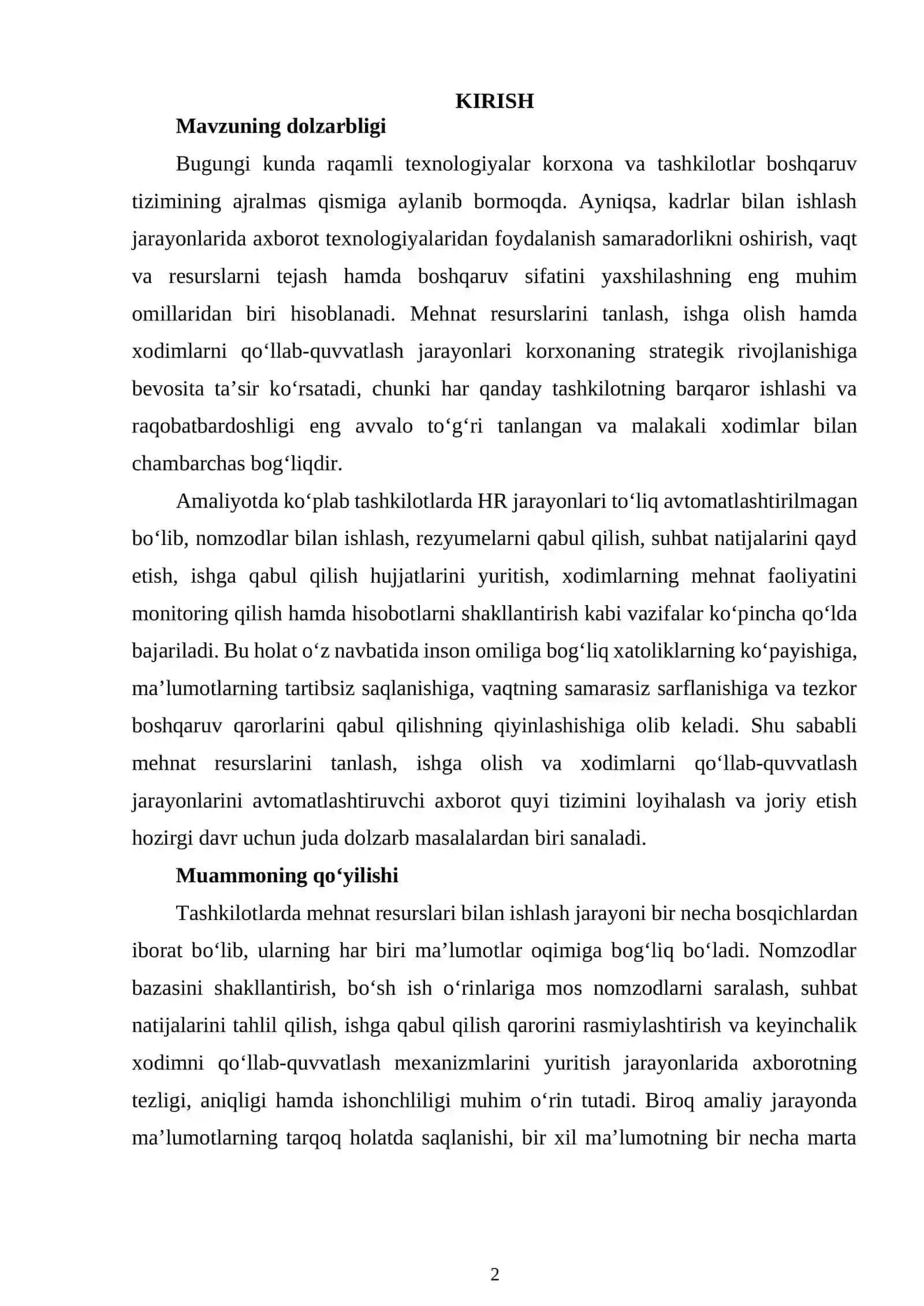 MEHNAT RESURSLARINI TANLASH, ISHGA OLISH VA QO‘LLAB-QUVVATLASHNING AXBOROT QUYI TIZIMINI LOYIHALASH 2