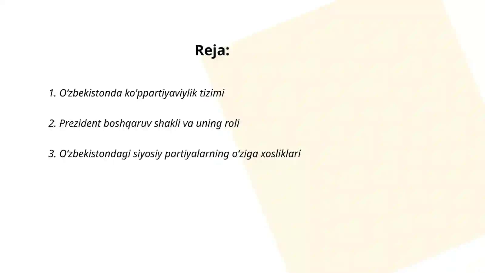 Oʻzbekistondagi siyosiy jarayonlarning oʻziga xos xususiyatlarini tahlil qilish 2
