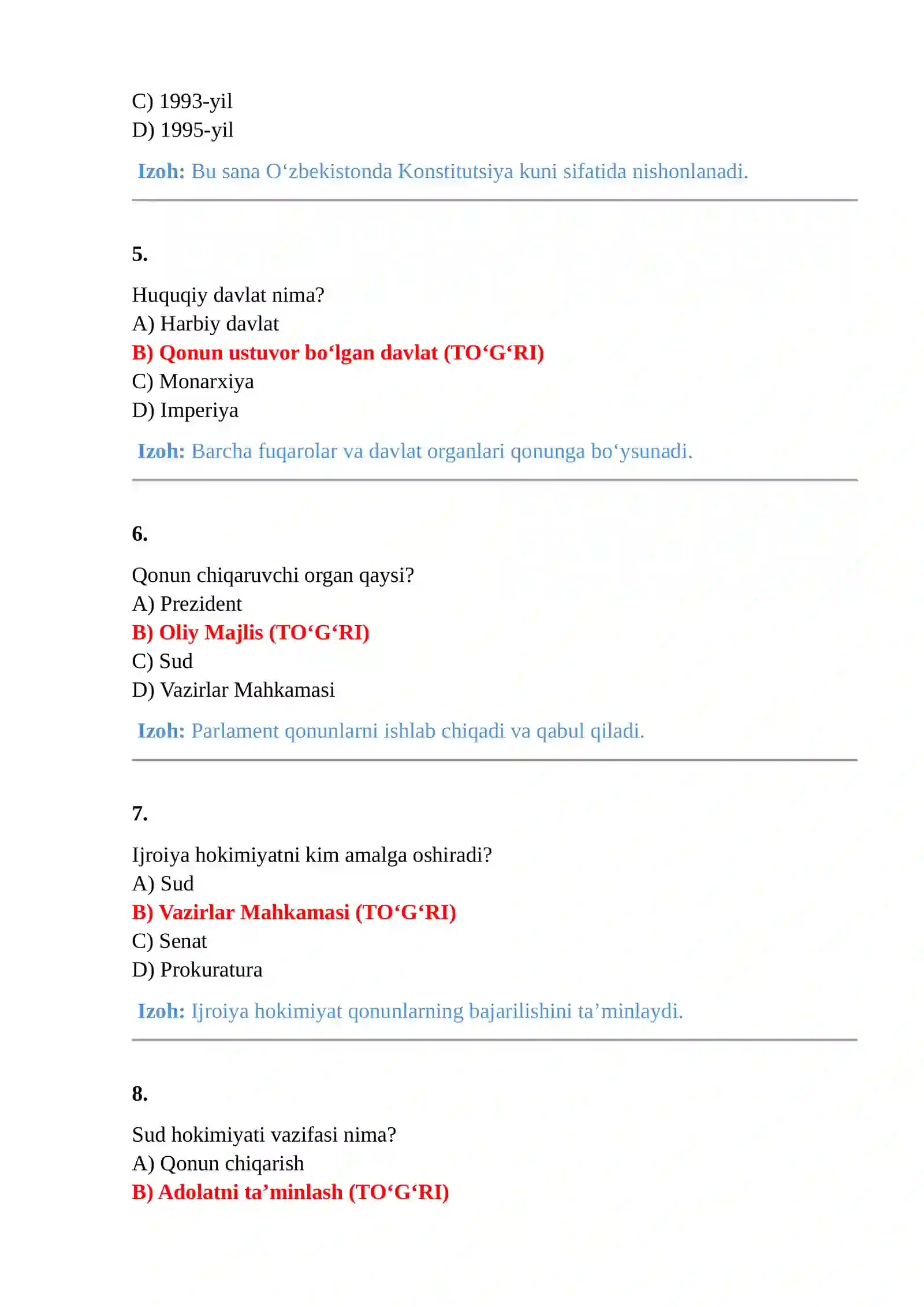HUQUQSHUNOSLIK FANIDAN TEST SAVOLLARI VA JAVOBLARI 150 ta TEST 2