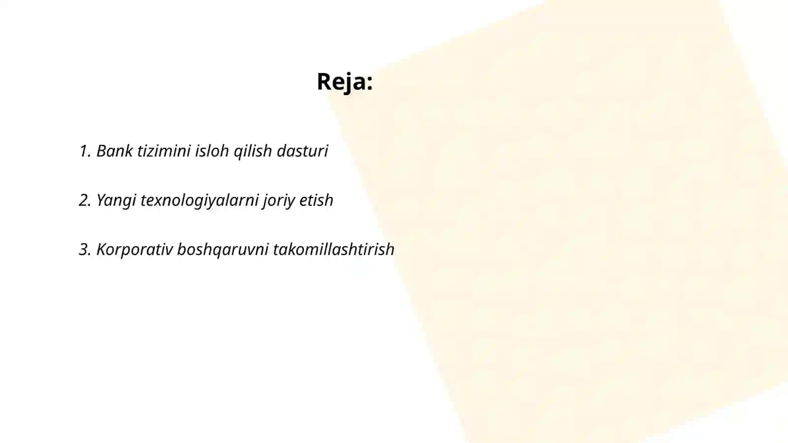 O'zbekiston Respublikasi Prezidentining 2020 yil 12 maydagi pf-5992-sonli O'zbekiston Respublikasining 2020-2025 yilga mo'ljallangan bank tizimini isloh qilish to'g'risidagi farmonga muvofiq vazifalar 2
