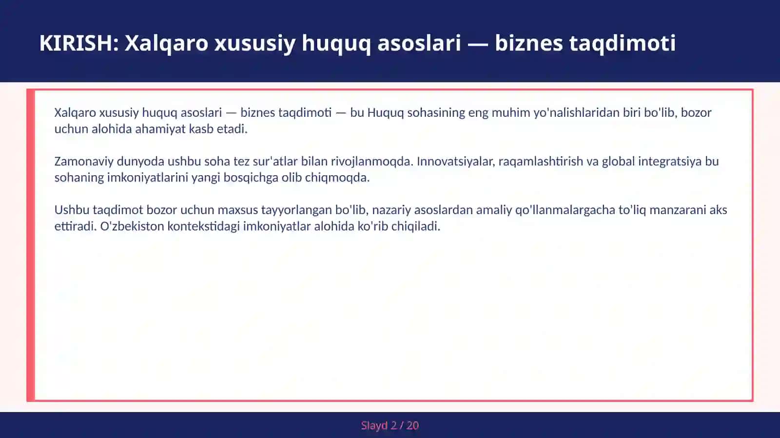 Xalqaro xususiy huquq asoslari — biznes taqdimoti 2