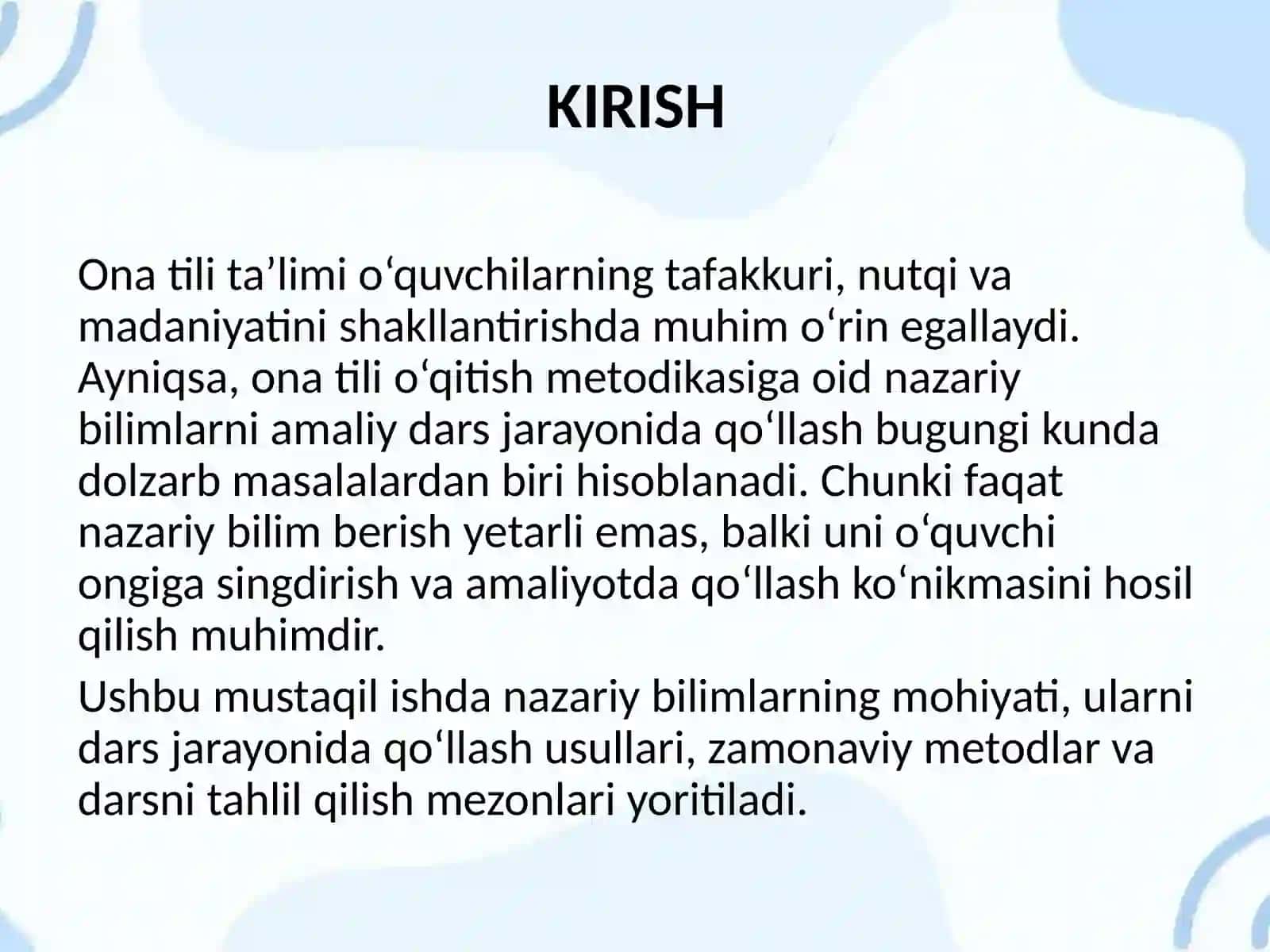 ONA TILI O‘QITISH METODIKASIGA OID NAZARIY BILIMLARNI DARS JARAYONIDA QO‘LLASH VA TAHLIL QILISH 2