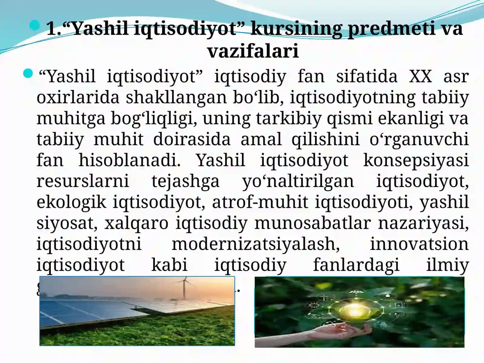 YASHIL IQTISODIYOT” FANINNG  PREDMETI VA VAZIFALARI 2