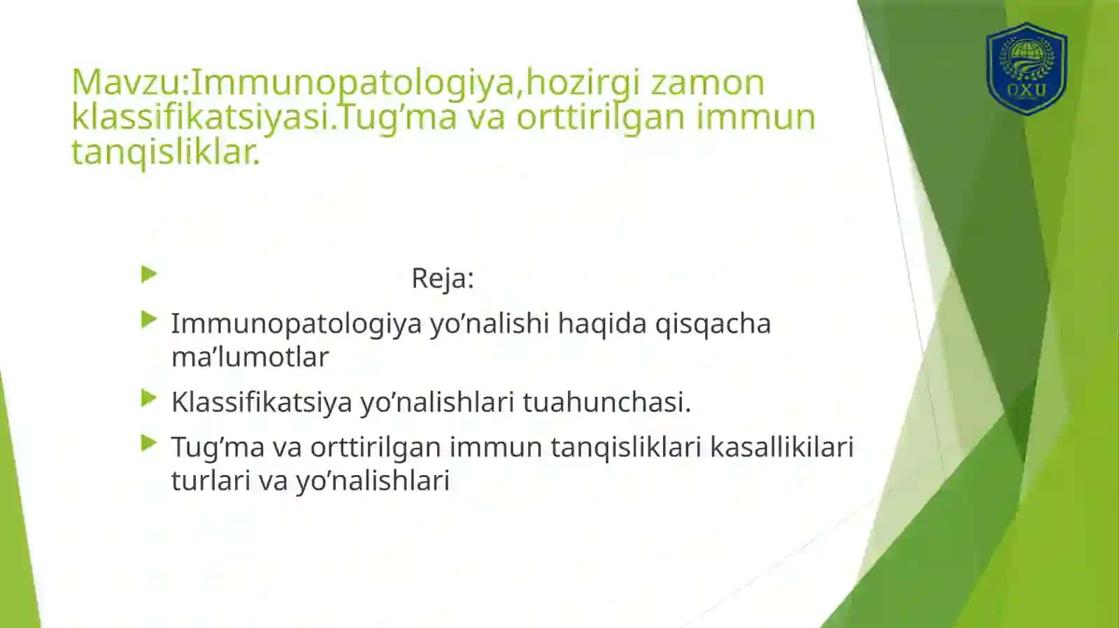 Mavzu:Immunopatologiya,hozirgi zamon klassifikatsiyasi.Tug’ma va orttirilgan immun tanqisliklar. 2