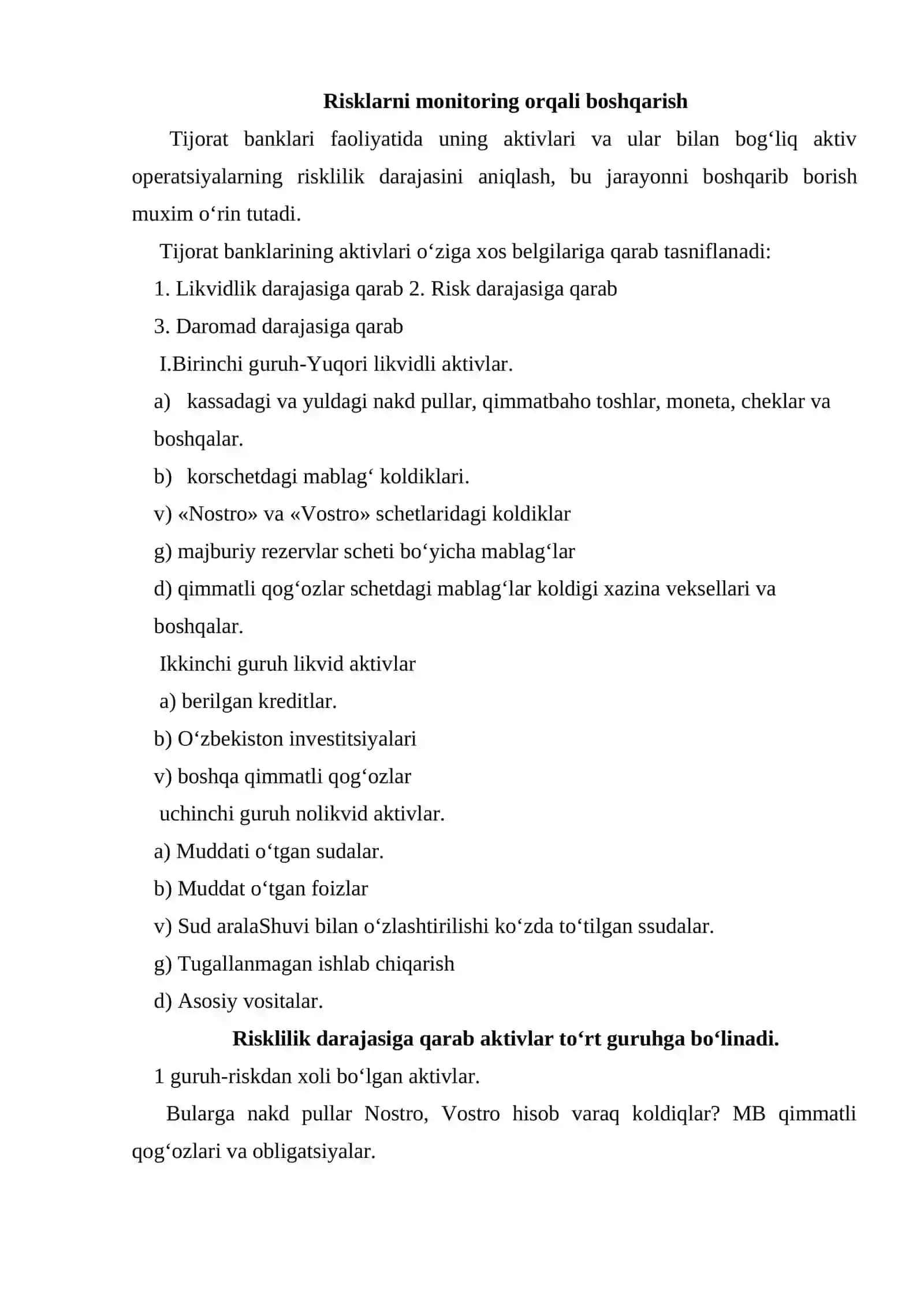 Tijorat banklari resurslari bilan bog’liq risklar va ularni boshqarish usullari 2