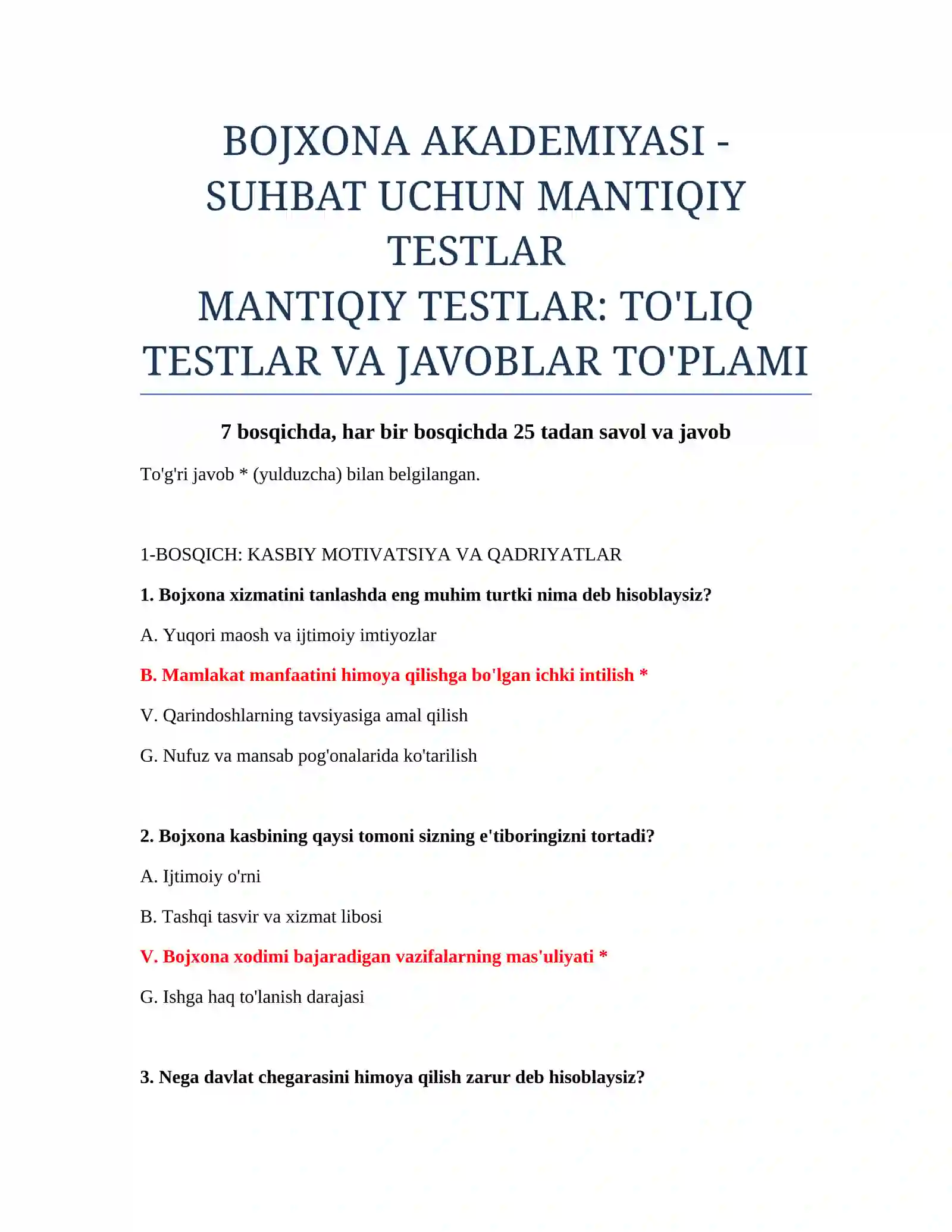 MANTIQIY TESTLAR: TO'LIQ TESTLAR VA JAVOBLAR TO'PLAMI 2