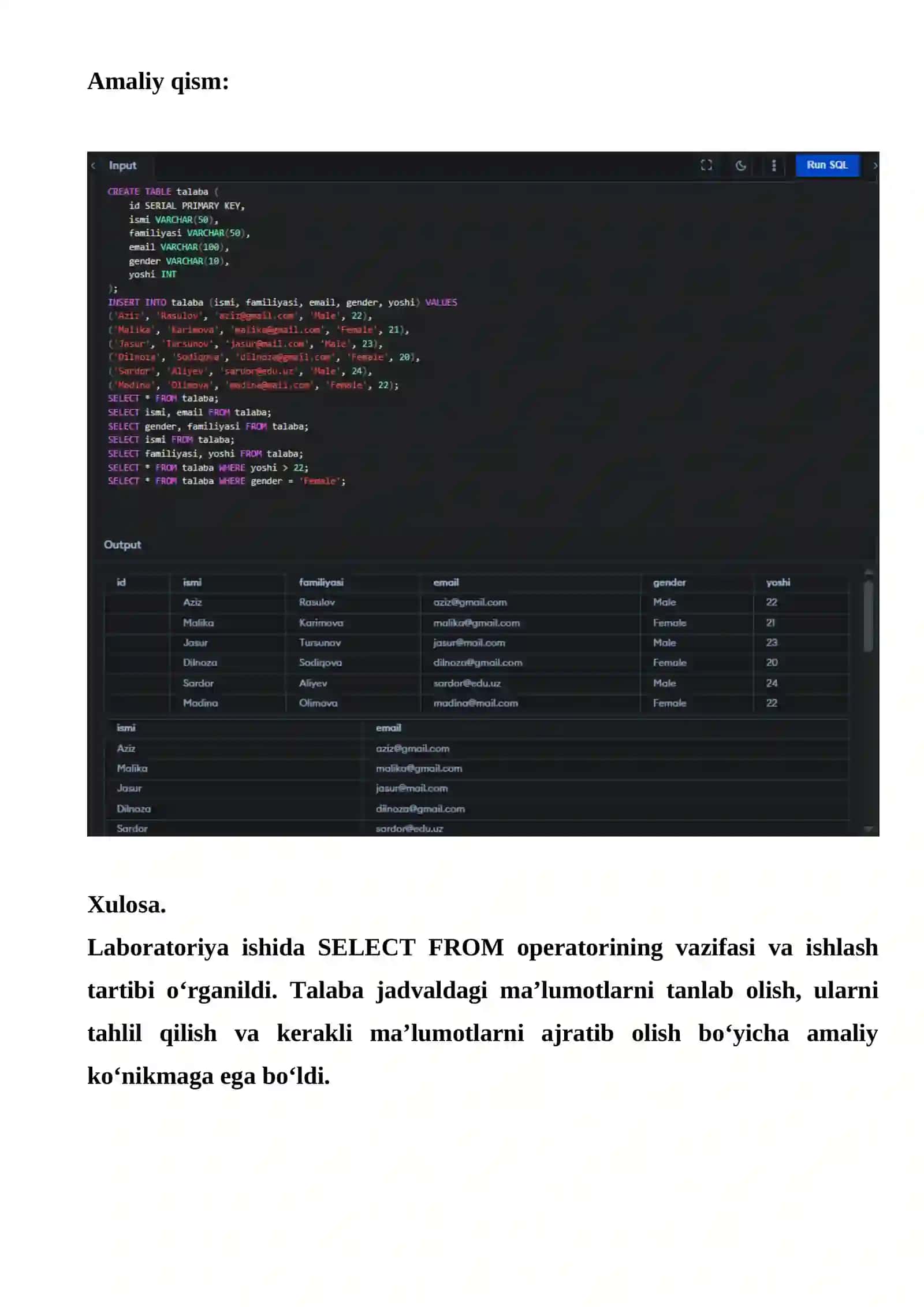 SQL tilining SELECT FROM operatori 2