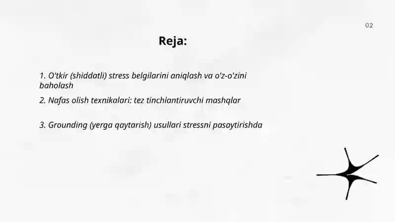 Stressga nisbatan o'tkir(shiddatli) reaksiyalar paytida o'z-o'ziga yordam korsatish 2