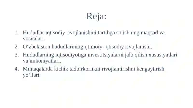Mintaqalarni ijtimoiy-iqtisodiy rivojlanishini tartibga solish mehanizmlari. 2
