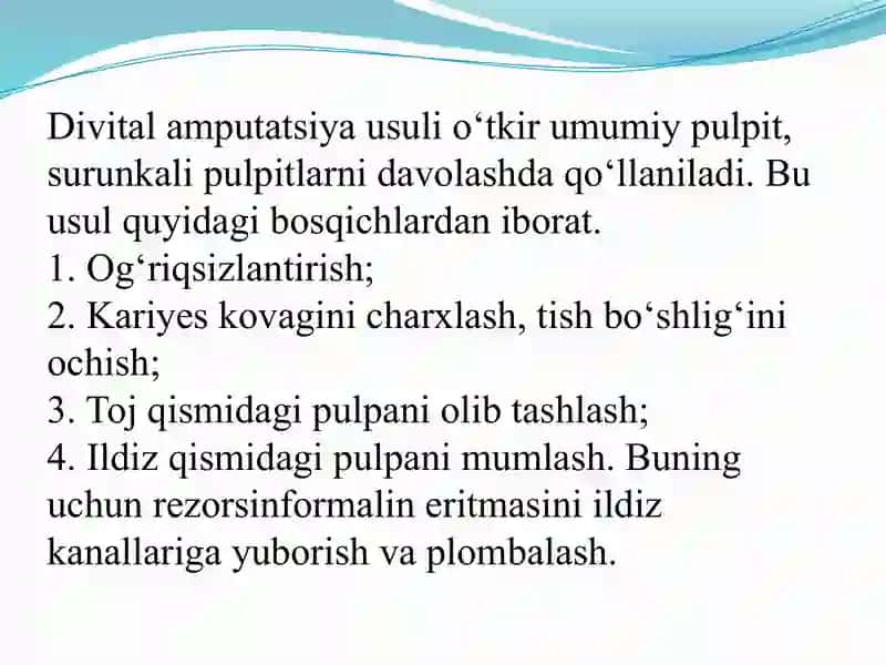 Devital amputatsiya usuli. Ko’rsatma. O’tkazish texnikasi. Devital amputatsiya usulida yuzaga keluvchi xato va asoratlar. 2
