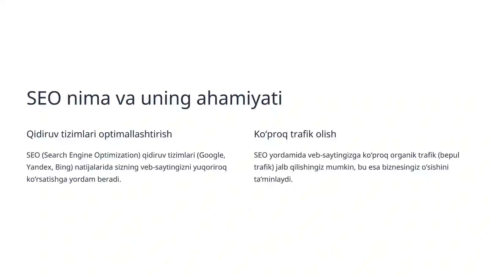 SEO (Qidiruv Tizimlari Optimallashtirish) yordamida veb-sayt trafikini oshirish 2